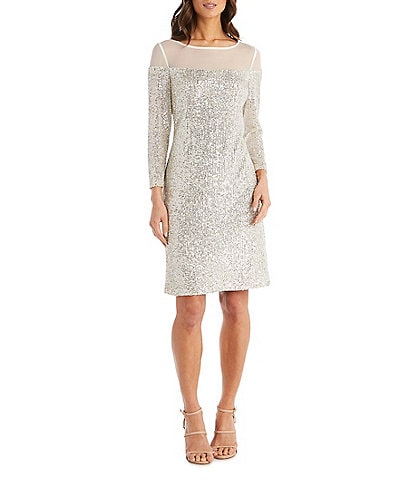 R & M Richards Allover Sequin Illusion Neck Sheath Dress