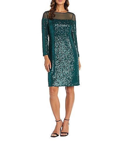 R & M Richards Allover Sequin Illusion Neck Sheath Dress