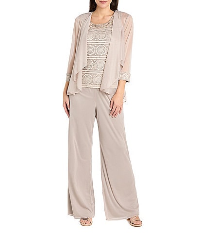 R & M Richards Beaded Scoop Neck 3/4 Illusion Sleeve Glitter Lace 3 Piece Pant Set