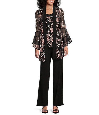 R & M Richards Bell Sleeve Scoop Neck Embroidered Mesh 3-Piece Duster Pant Set