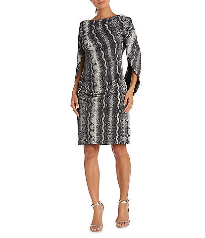 R & M Richards Boat Neck Drape Sleeved Snake Print Dress