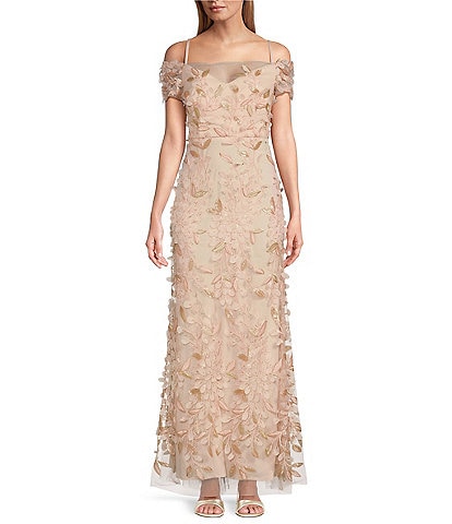 R & M Richards Cap Sleeve Off-The-Shoulder Embroidered Sequin Glitter Gown