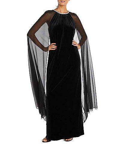 R & M Richards Chiffon Capelet Embellished Round Neck Gown