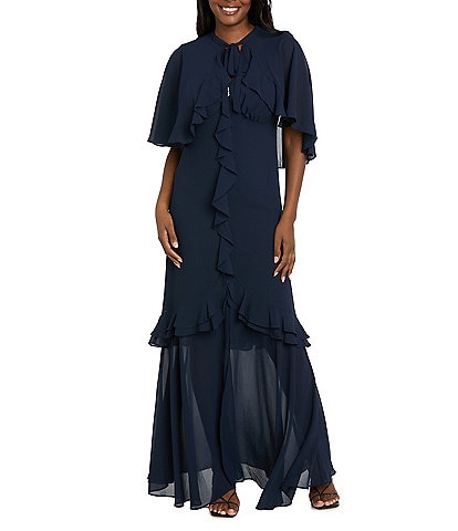 R & M Richards Crepe Chiffon 2-Piece Short Sleeve Capelet Ruffle Gown