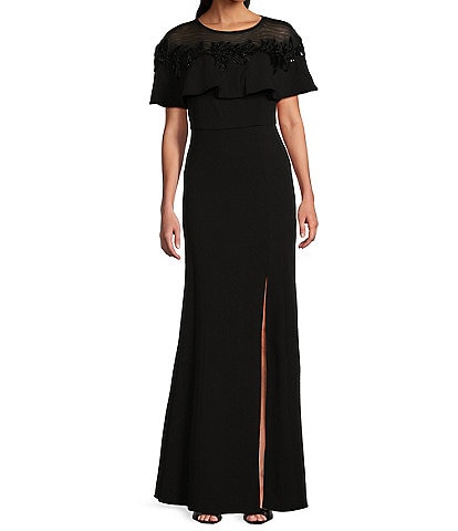 R & M Richards Crew Illusion Neckline Short Sleeve Beaded Applique Sheath Gown