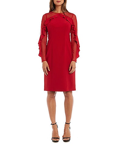 R & M Richards Crew Neck Mesh Sleeve Ruffle Detail Knee Length Dress