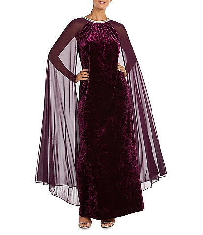 R & M Richards Crushed Stretch Velvet Rhinestone Neck Long Cape Gown