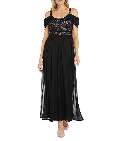 R & M Richards Draped Cap Sleeve Sweetheart Neck Lace Bodice Gown