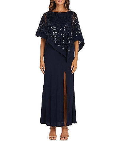 R & M Richards Elbow Length Sleeve Round Neck Sequin Overlay Sheath Gown