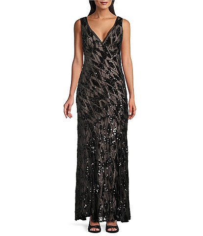 R & M Richards Embroidered Power Mesh Sequin Dress