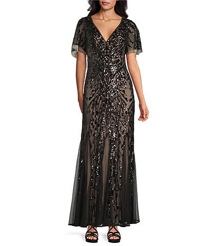 R & M Richards Embroidered Sequin Power Mesh Empire Waist Short Flutter Sleeve Gown