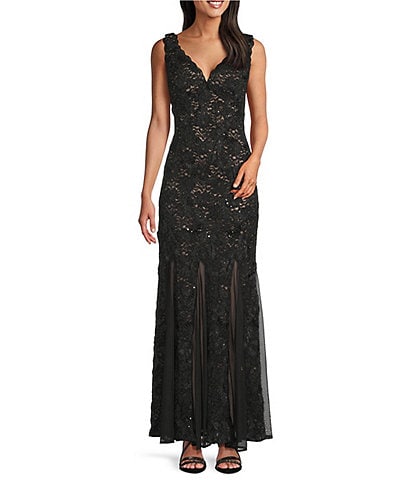 R & M Richards Embroidered Sequin Stretch Lace Sleeveless Scalloped Edge Sheath Gown