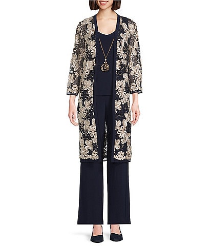 R & M Richards Embroidered Soutache Sequin Floral Mesh 3-Piece Pantsuit