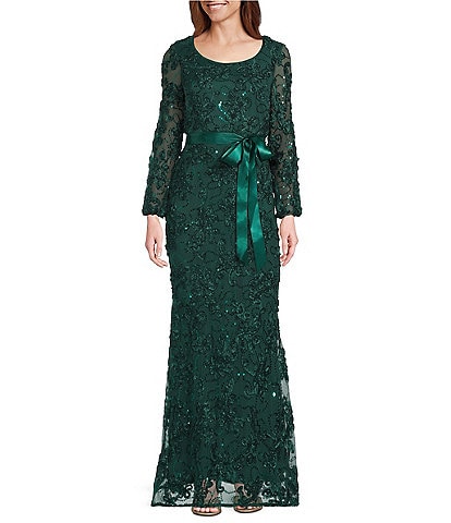 R & M Richards Embroidered Soutache Sequin Power Mesh 3/4 Balloon Sleeves Gown