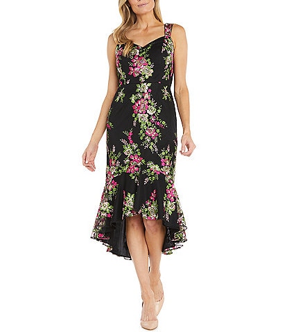 R & M Richards Embroidered V-neck Floral High Low Tulle Dress