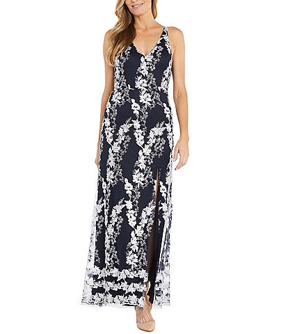 R & M Richards Floral Embroidered Sleeveless V-Neck Side Slit Dress