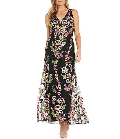 R & M Richards Floral Embroidered V-Neck Gown