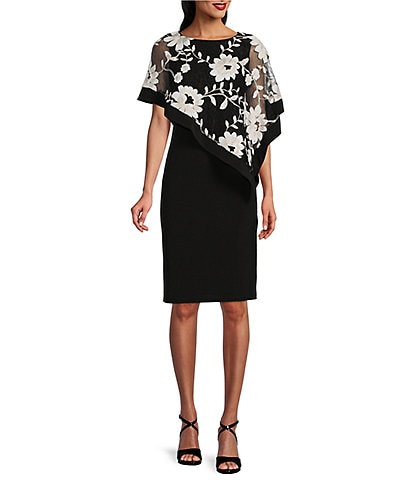 R & M Richards Floral Print Embroidered Sequin Mesh Poncho Overlay 3/4 Sleeve Round Neck Sheath Popover Dress