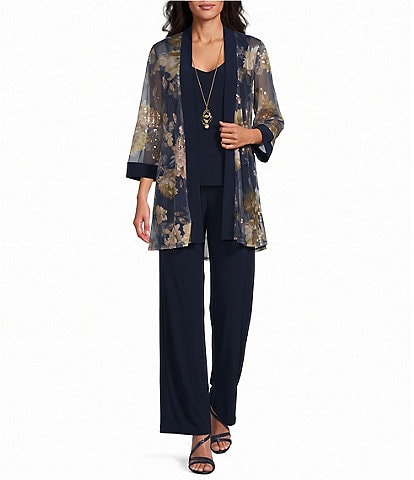 R & M Richards Floral Sequin Metallic Print Mesh Jacket Solid ITY Pant 3-Piece Pantsuit