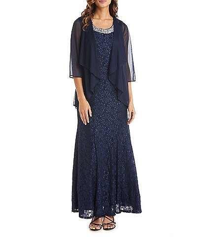 R & M Richards Glitter Lace Beaded Neck 2-Piece Jacket Gown