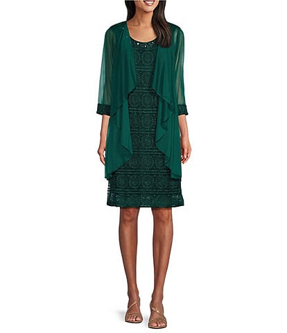 R & M Richards Glitter Lace Beaded Scoop Neck 3/4 Sleeve 2-Piece Flyaway Jacket Dress