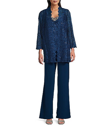 R & M Richards Glitter Lace Sweetheart Neck Beaded 3-Piece Pantsuit