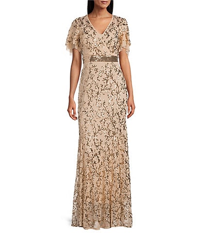 R & M Richards Godet Skirt V-Neck Short Sleeve Sequin Power Mesh Dress