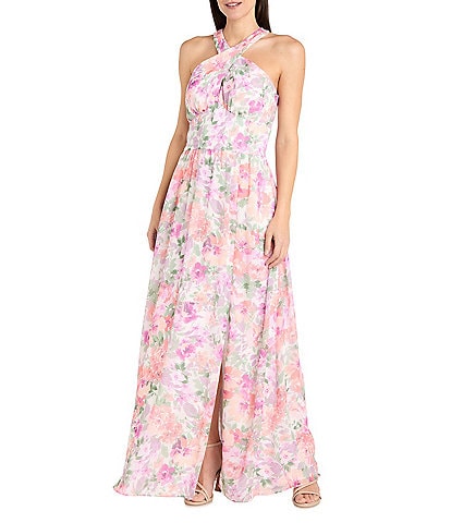 R & M Richards Halter Neck Floral Print Chiffon Maxi Dress