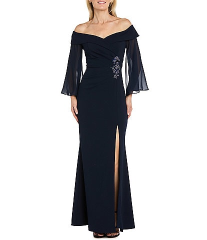 R & M Richards Hand Beaded Chiffon Sleeve Long Dress