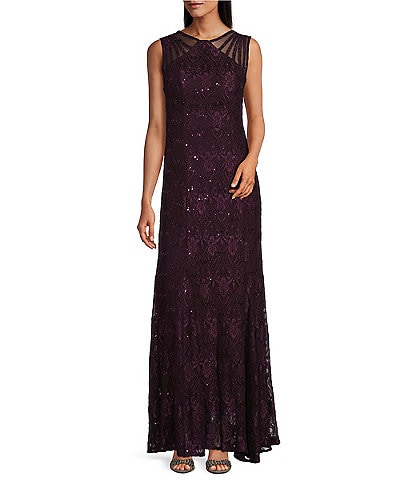 R & M Richards Illusion Shoulder High V-Neck Sleeveless Lace Sheath Gown