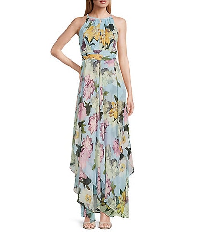 R & M Richards Keyhole Neck Floral Print Sleeveless A-Line Dress