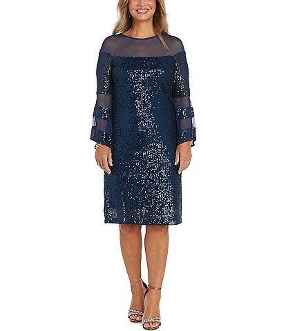 R & M Richards Long Sleeve Illusion Crew Neck Sequin Shift Dress