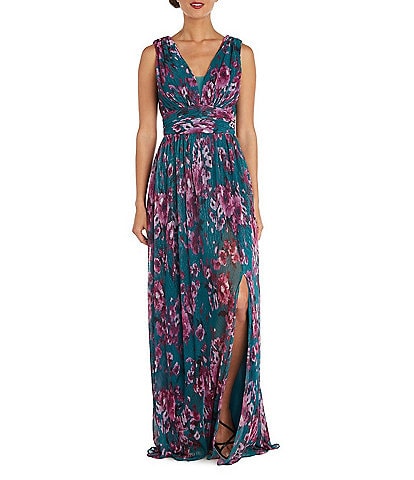 R & M Richards Lurex Mesh Sleeveless V-Neck Floral Side Slit Maxi Tulle A-Line Dress