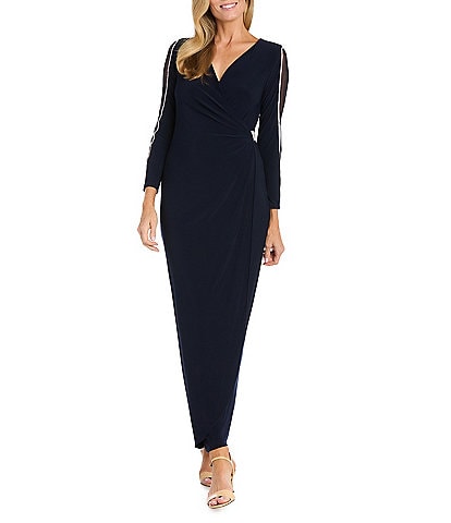 R & M Richards Mesh V-Neck 3/4 Sleeve Wrap Dress