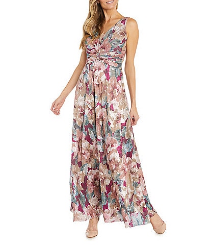 R & M Richards Metallic Floral Foil Print Sleeveless V-Neck Ruched Waist Maxi A-Line Gown