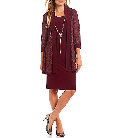 R & M Richards Metallic Knit Scoop Neck 3/4 Sleeve 2-Piece Jacket Dress