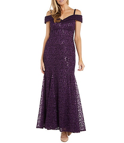 R & M Richards Off-the-Shoulder Cap Sleeve Floral Lace Mermaid Gown