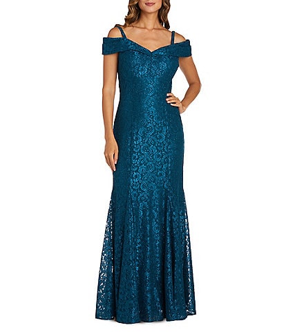 R & M Richards Off-the-Shoulder Cap Sleeve Floral Lace Mermaid Gown