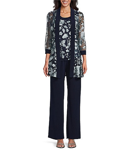 R & M Richards Petite Size 3-Piece Embroidered Pant Set