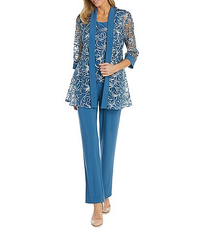 R & M Richards Petite Size 3/4 Sleeve Round Neck Embroidered 3-Piece Pant Set