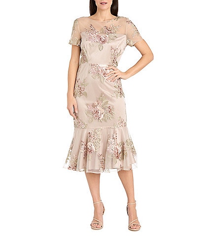 R & M Richards Petite Size Embroidered Floral Crew Neck Short Sleeve Flounce Hem Midi Dress