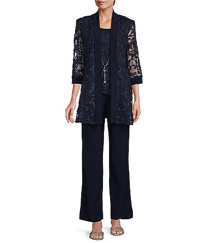Three Piece Embroidered Sequin Lace Pants Suit