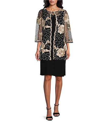 R & M Richards Petite Size Embroidered Soutache Sequin 3/4 Sleeve Jacket Dress