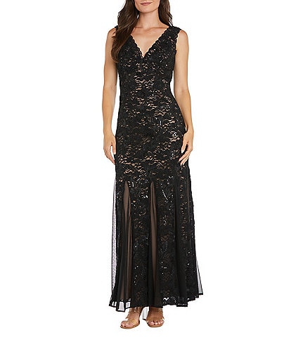 R & M Richards Petite Size Floral Embroidered Sequin Mesh Godet Sleeveless Gown
