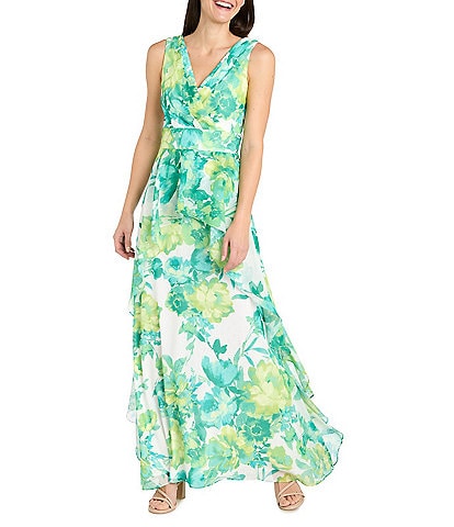 R & M Richards Petite Size Floral V-Neck Chiffon Ruffle A-Line Dress