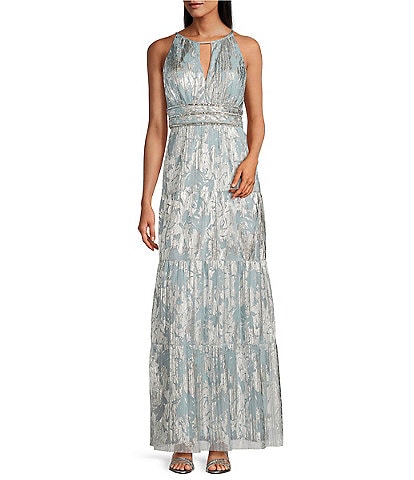 R & M Richards Petite Size Foil Mesh Print Pleated Foil Printed Sleeveless Keyhole Halter Neck Dress