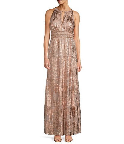 R & M Richards Petite Size Foil Mesh Print Pleated Foil Printed Sleeveless Keyhole Halter Neck Dress