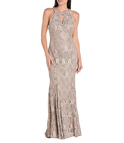 R & M Richards Petite Size Keyhole Neck Glitter Lace Scalloped Bodice Mermaid Gown