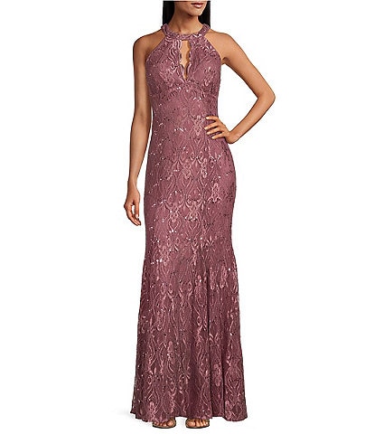 R & M Richards Petite Size Keyhole Neck Glitter Lace Scalloped Bodice Mermaid Gown
