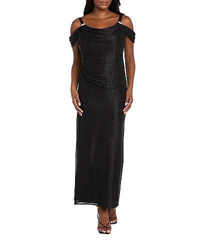 R & M Richards Petite Size Long Crinkle Pleated Dress With Cowl Neckline And Cold Shoulder